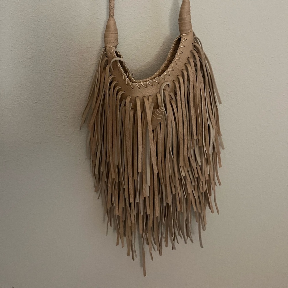 Tan fringe faux leather crossbody